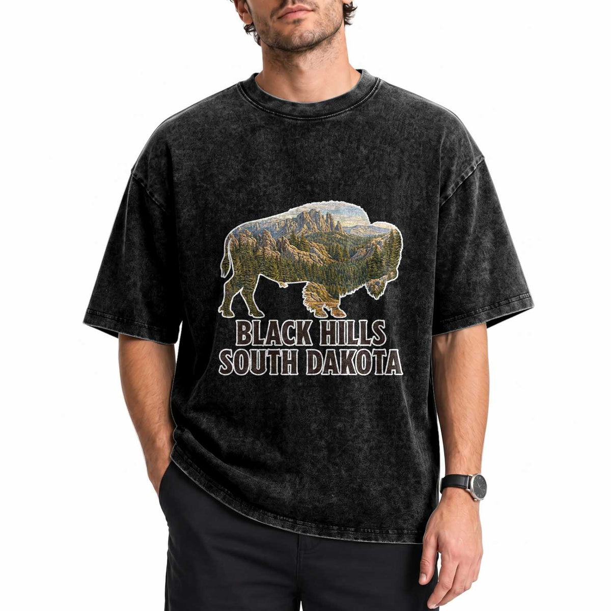 Black Hills South Dakota Bison Washed Cotton T-Shirt State Pride Gift