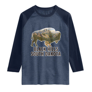 Black Hills South Dakota Bison Raglan Shirt State Pride Gift TS12 Heather Denim Navy Print Your Wear