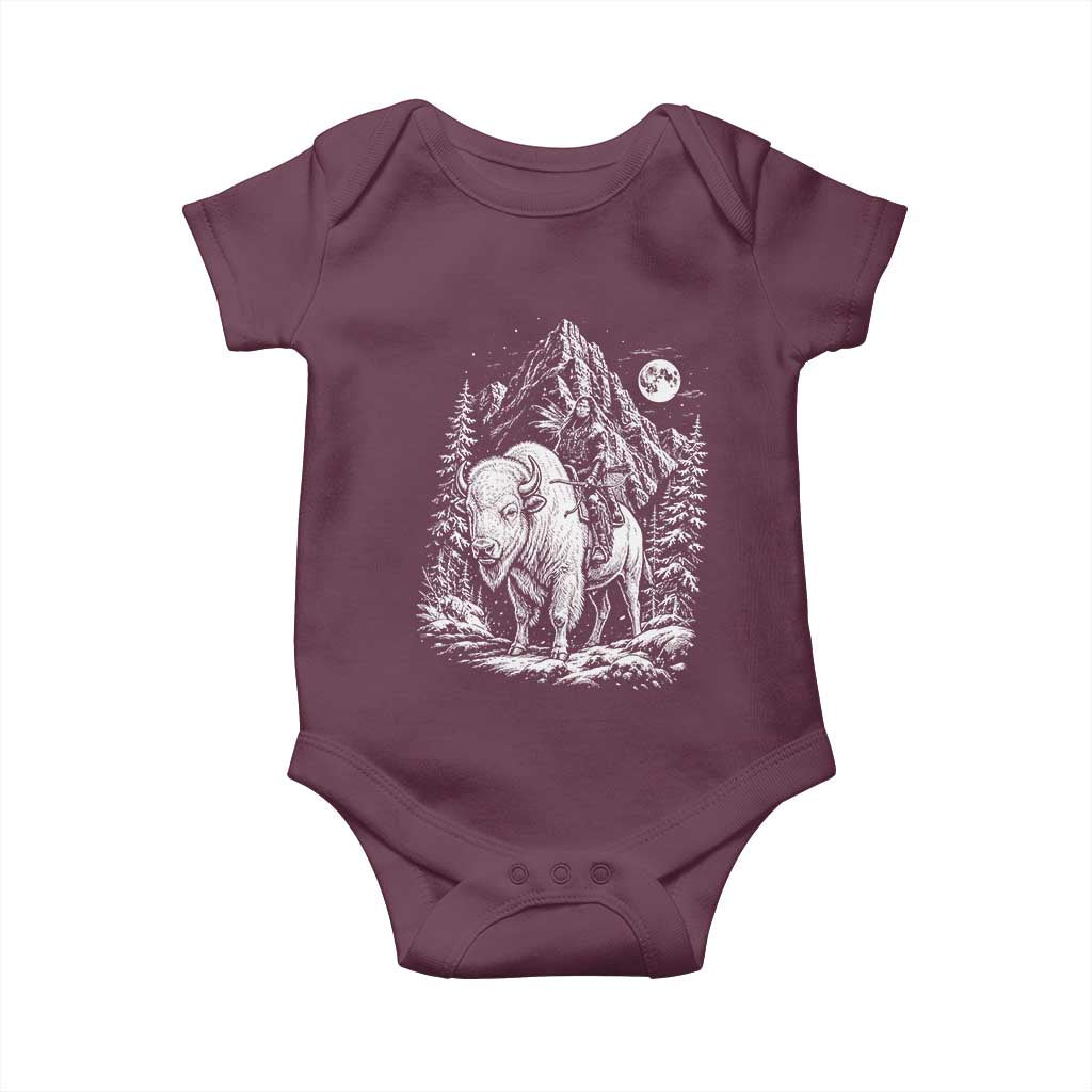 Vintage Native American Bison Rider Baby Onesie Indigenous Warrior Graphic TS12 Maroon Print Your Wear