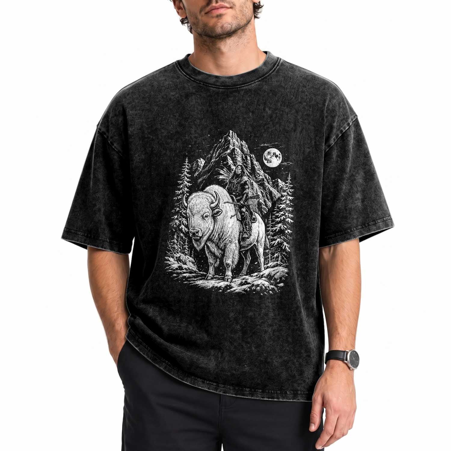 Vintage Native American Bison Rider Washed Cotton T-Shirt Indigenous Warrior Graphic