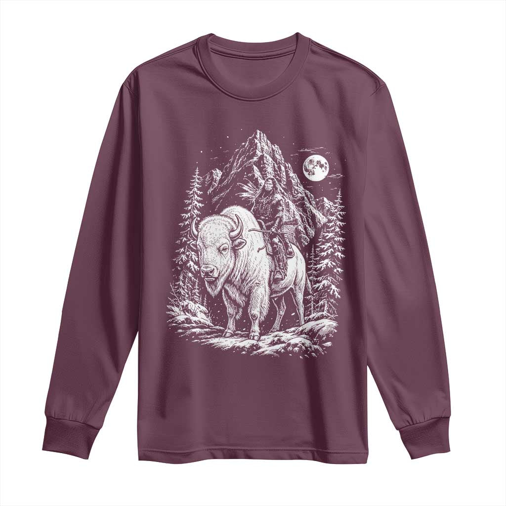 Vintage Native American Bison Rider Long Sleeve Shirt Indigenous Warrior Graphic TS12 Maroon Print Your Wear