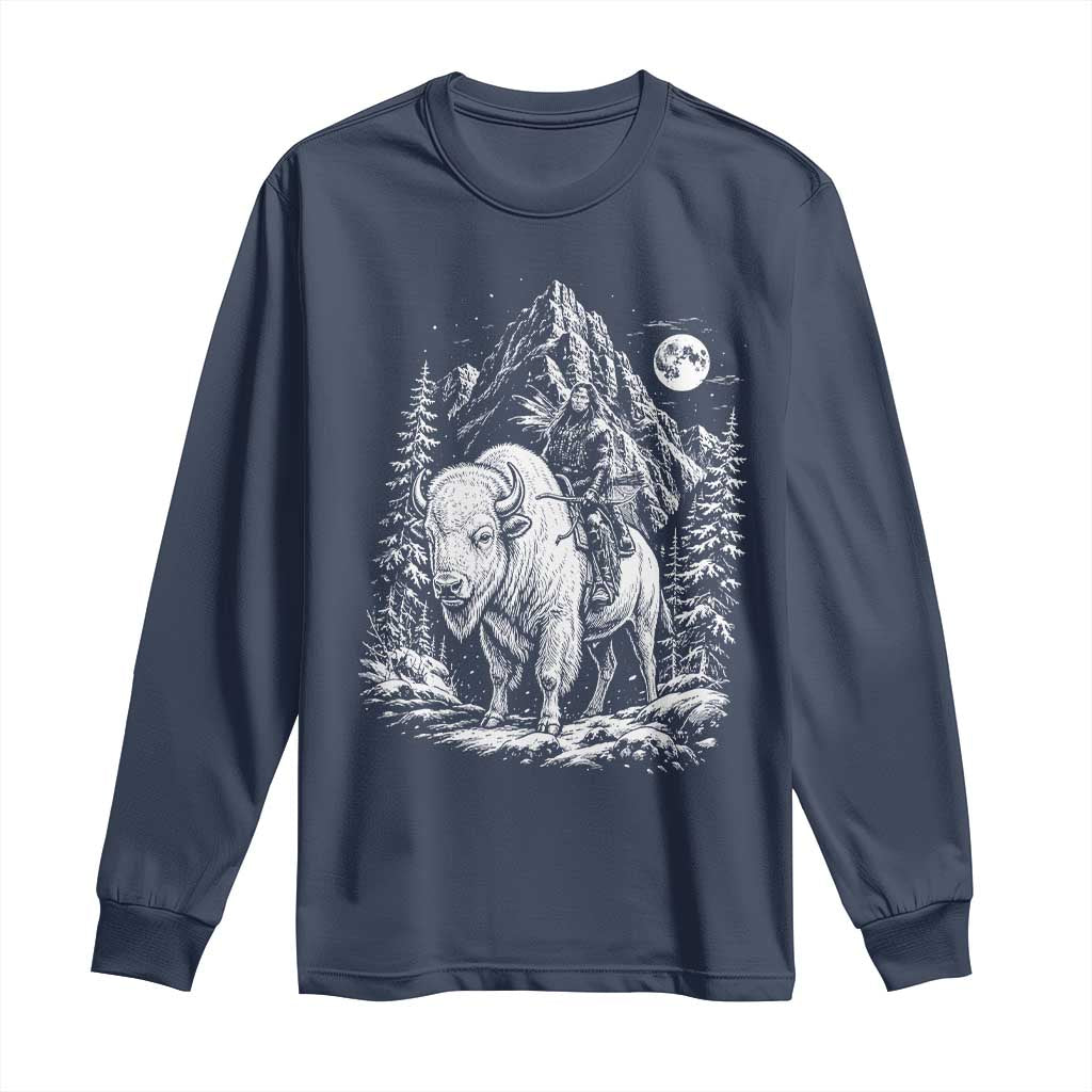 Vintage Native American Bison Rider Long Sleeve Shirt Indigenous Warrior Graphic TS12 Navy Print Your Wear