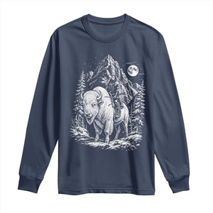 Vintage Native American Bison Rider Long Sleeve Shirt Indigenous Warrior Graphic TS12 Navy Print Your Wear