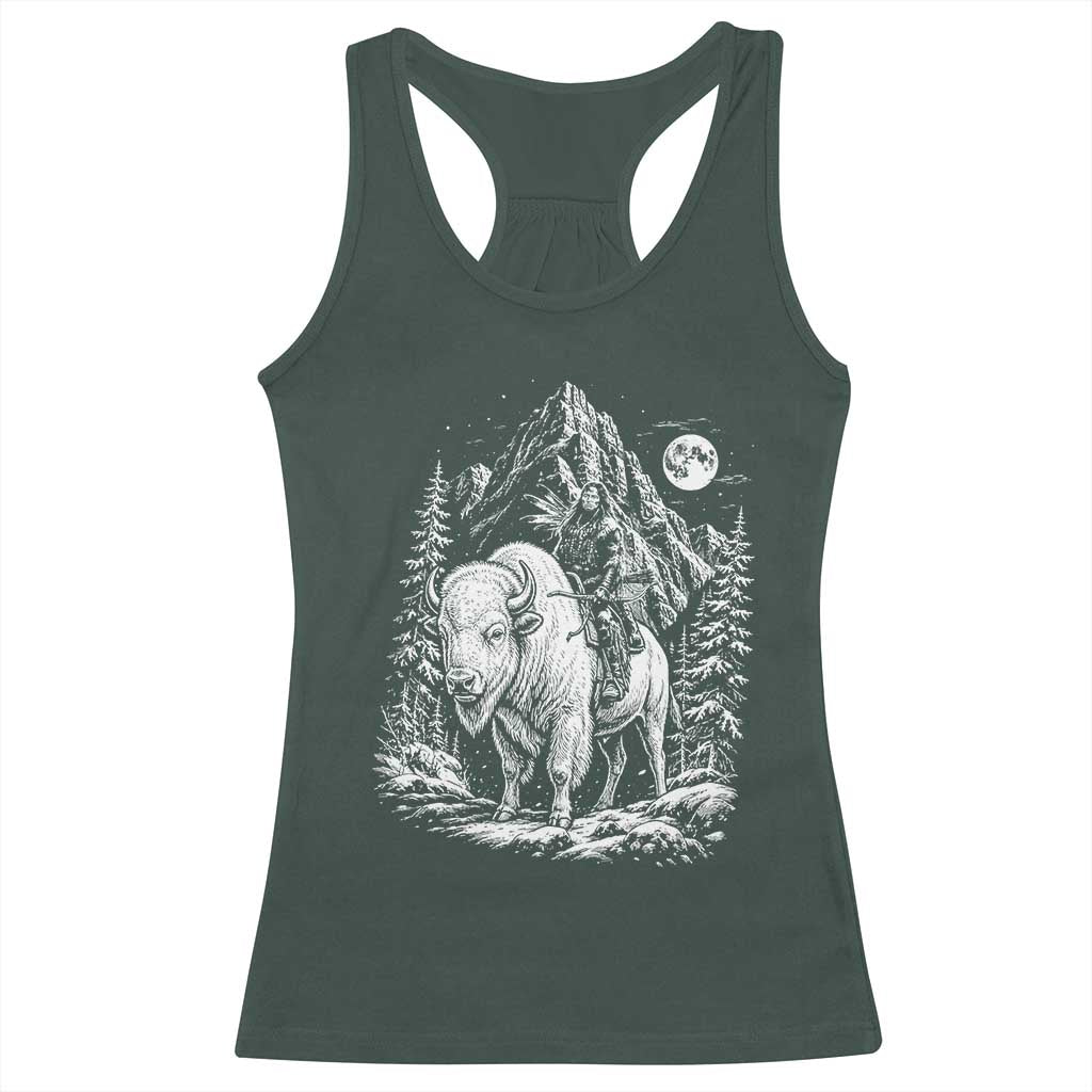 Vintage Native American Bison Rider Racerback Tank Top Indigenous Warrior Graphic TS12 Dark Forest Green Print Your Wear