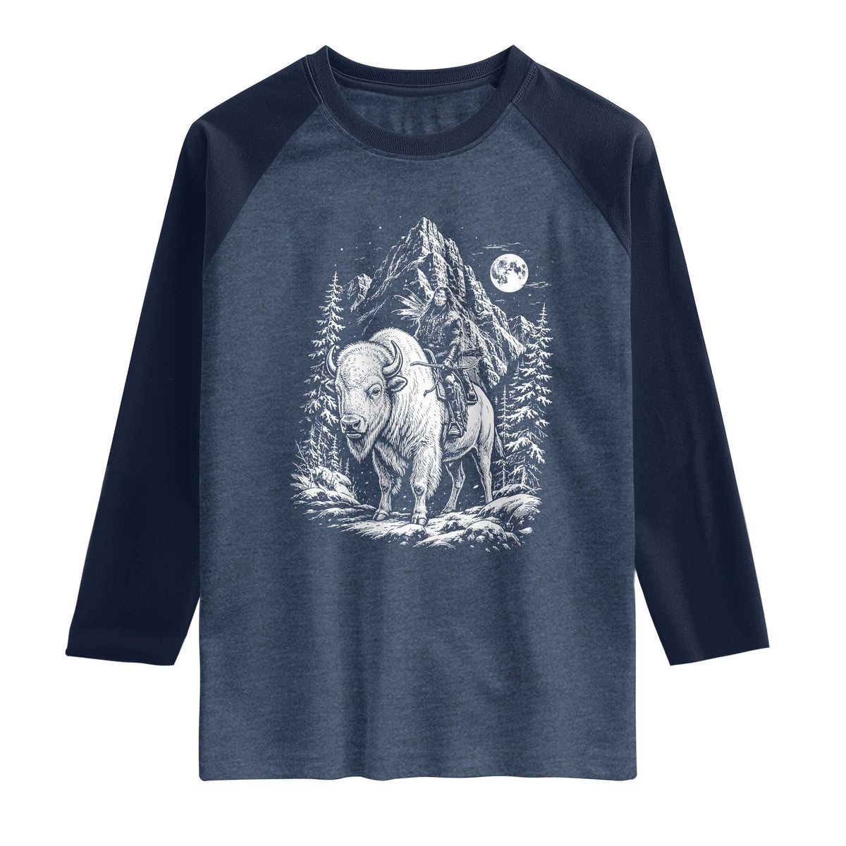 Vintage Native American Bison Rider Raglan Shirt Indigenous Warrior Graphic TS12 Heather Denim Navy Print Your Wear