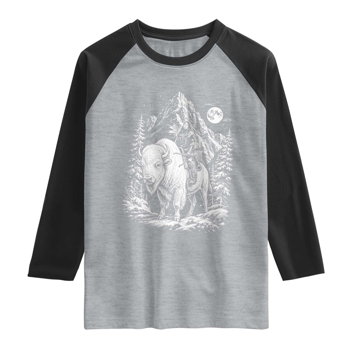 Vintage Native American Bison Rider Raglan Shirt Indigenous Warrior Graphic TS12 Heather Gray Black Print Your Wear