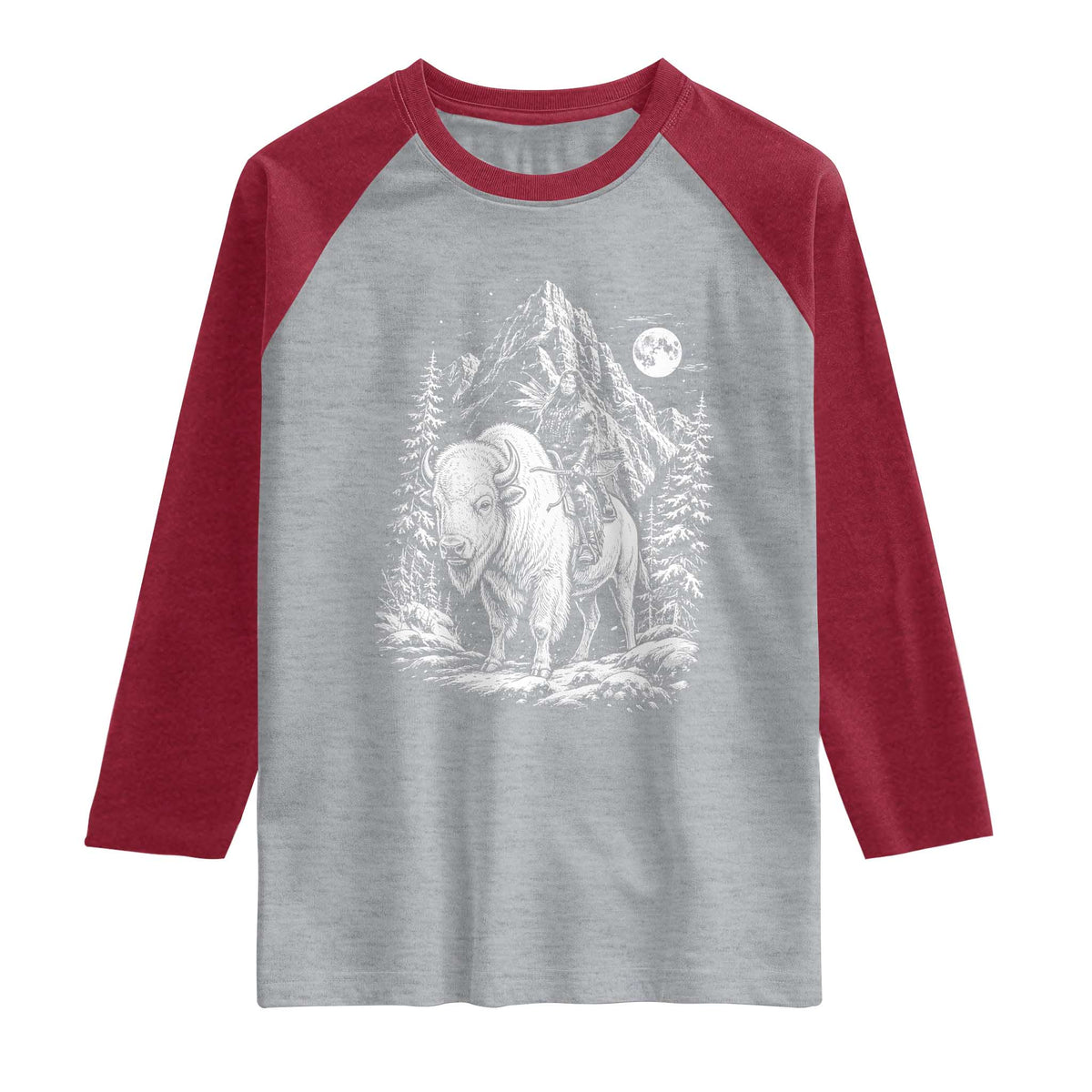 Vintage Native American Bison Rider Raglan Shirt Indigenous Warrior Graphic TS12 Heather Gray Heather Red Print Your Wear