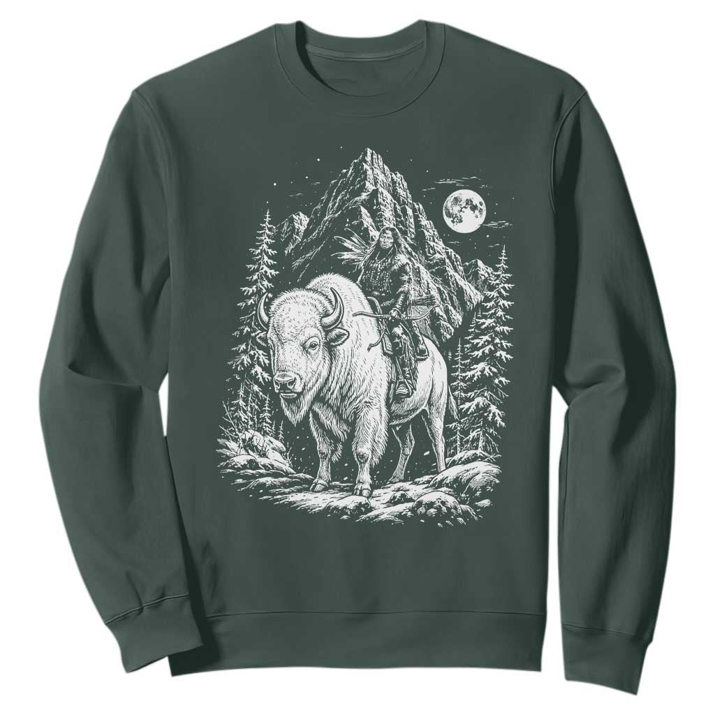 Vintage Native American Bison Rider Sweatshirt Indigenous Warrior Graphic TS12 Dark Forest Green Print Your Wear
