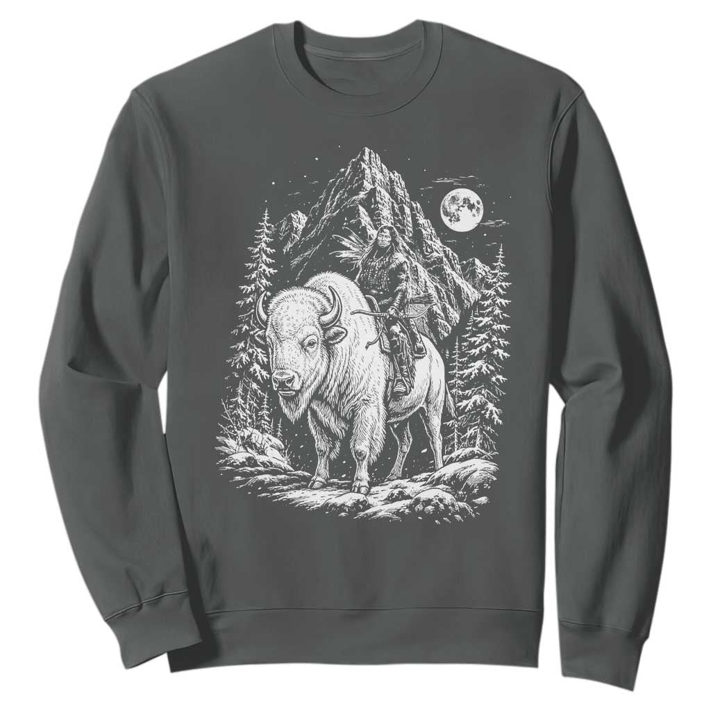 Vintage Native American Bison Rider Sweatshirt Indigenous Warrior Graphic TS12 Dark Heather Print Your Wear