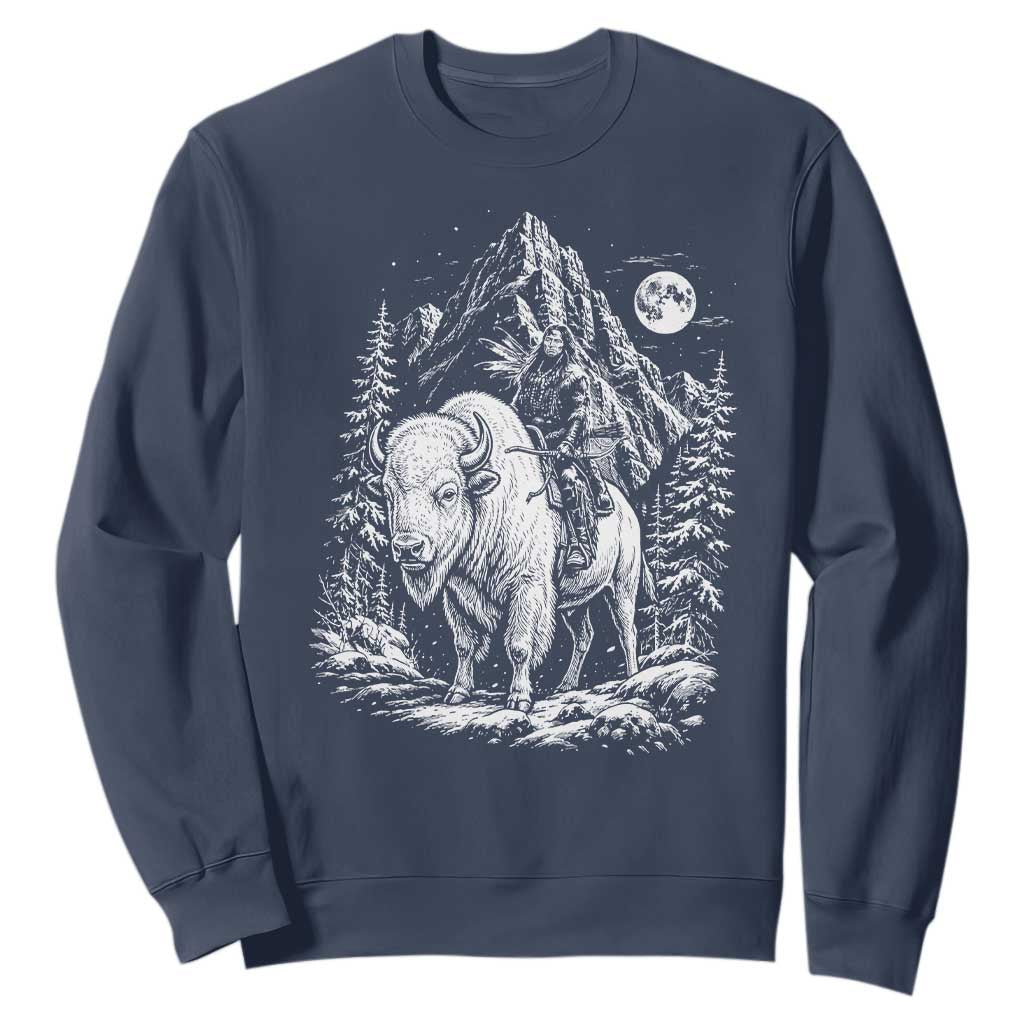 Vintage Native American Bison Rider Sweatshirt Indigenous Warrior Graphic TS12 Navy Print Your Wear