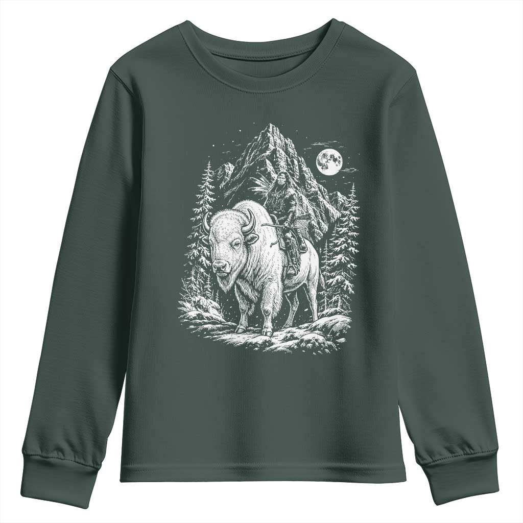 Vintage Native American Bison Rider Youth Sweatshirt Indigenous Warrior Graphic TS12 Dark Forest Green Print Your Wear