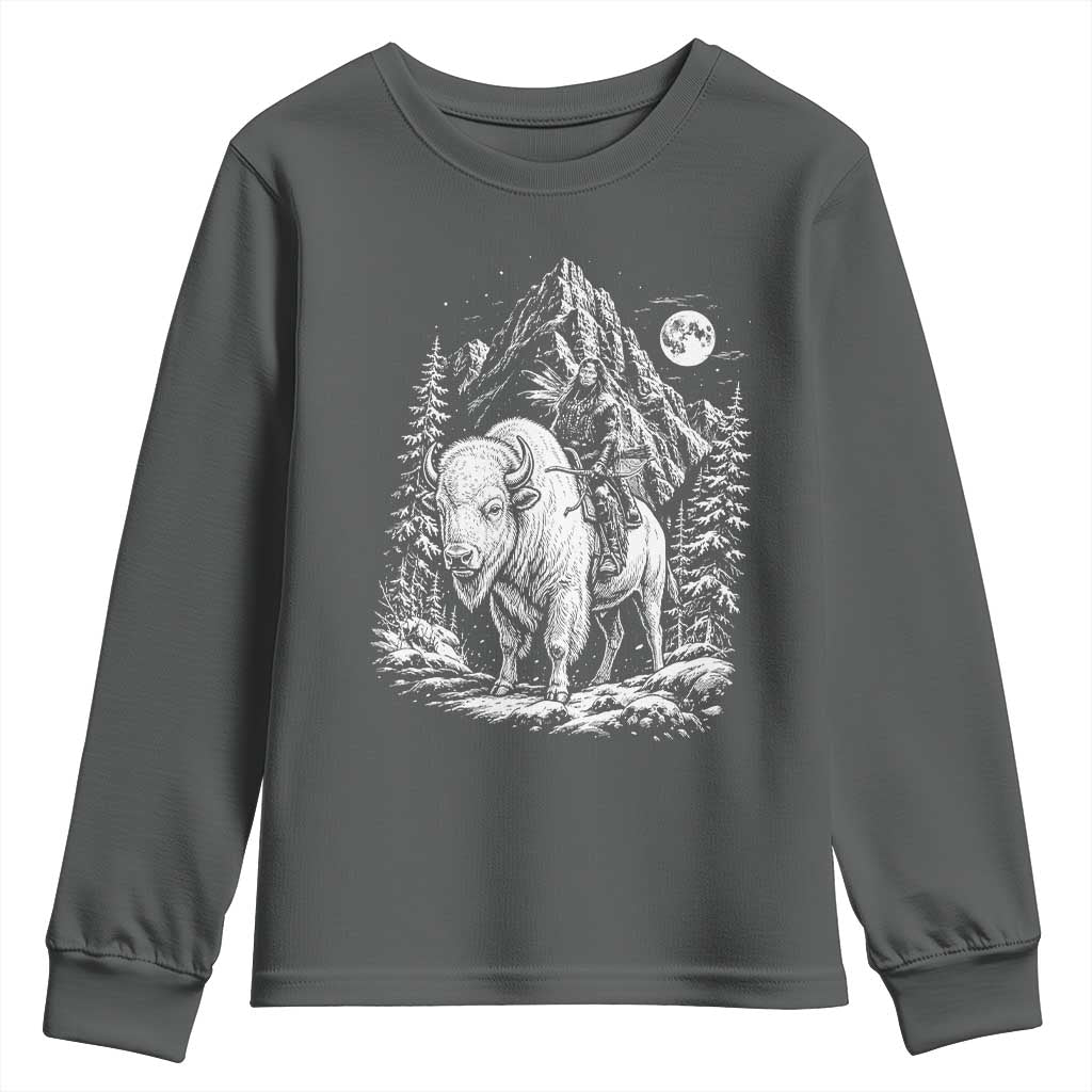 Vintage Native American Bison Rider Youth Sweatshirt Indigenous Warrior Graphic TS12 Dark Heather Print Your Wear