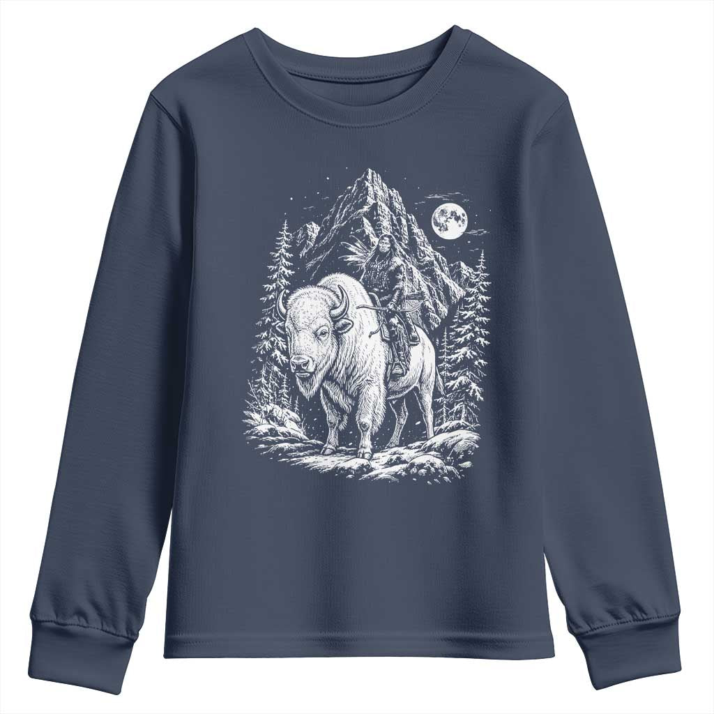 Vintage Native American Bison Rider Youth Sweatshirt Indigenous Warrior Graphic TS12 Navy Print Your Wear
