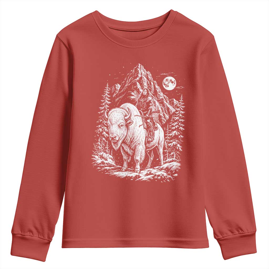 Vintage Native American Bison Rider Youth Sweatshirt Indigenous Warrior Graphic TS12 Red Print Your Wear