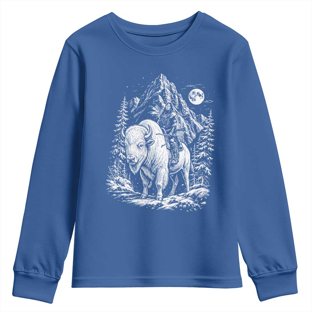 Vintage Native American Bison Rider Youth Sweatshirt Indigenous Warrior Graphic TS12 Royal Blue Print Your Wear