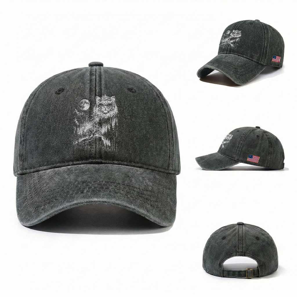 Vintage Geek Princess Cat Washed Cotton Baseball Cap Full Moon Engraving Art Gift TS12 Washed Cap Universal Fit Dark Green Print Your Wear