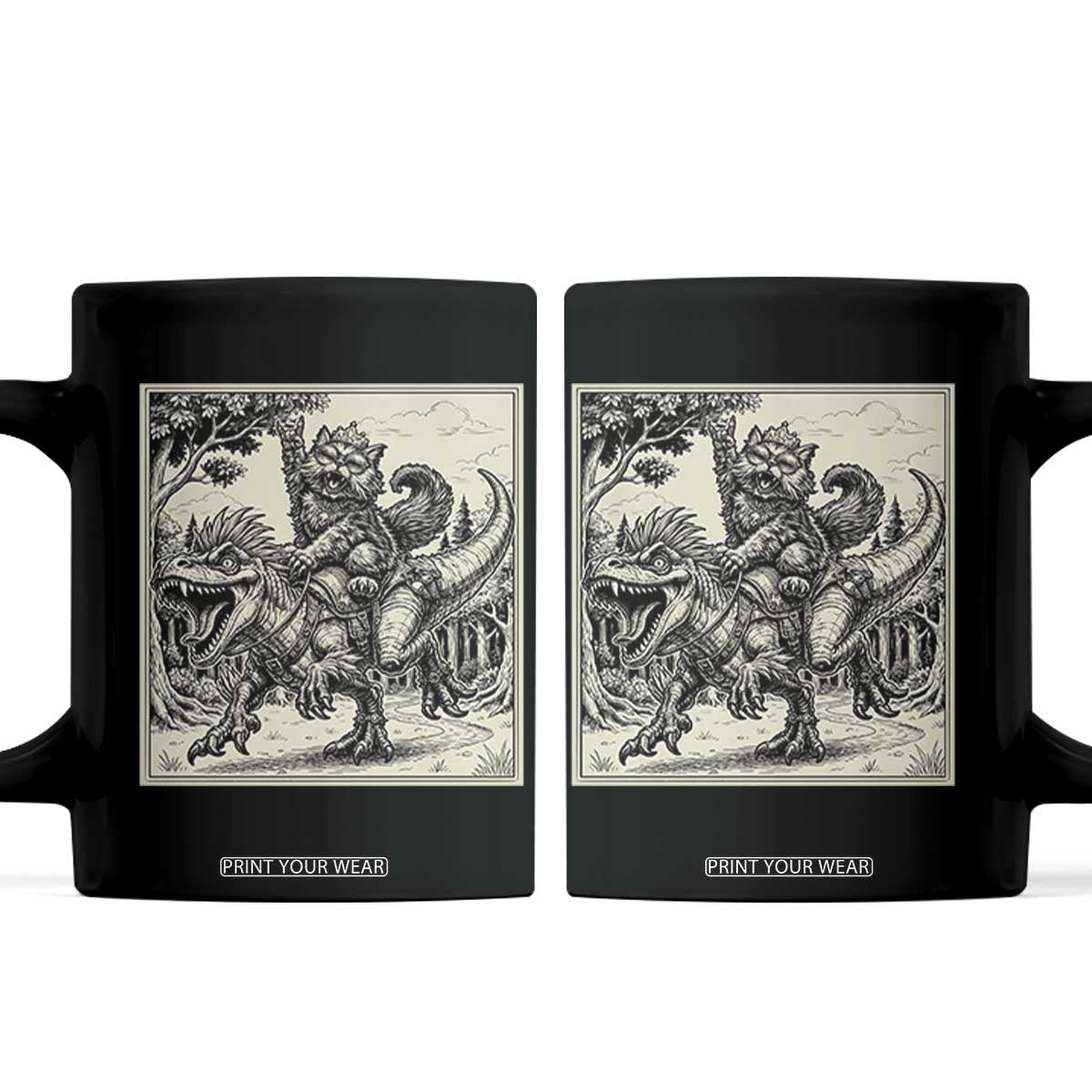 Cool Royal Cat Riding Dinosaur Coffee Mug Rock N Roll Engraving Graphic Art TS12 Black Print Your Wear