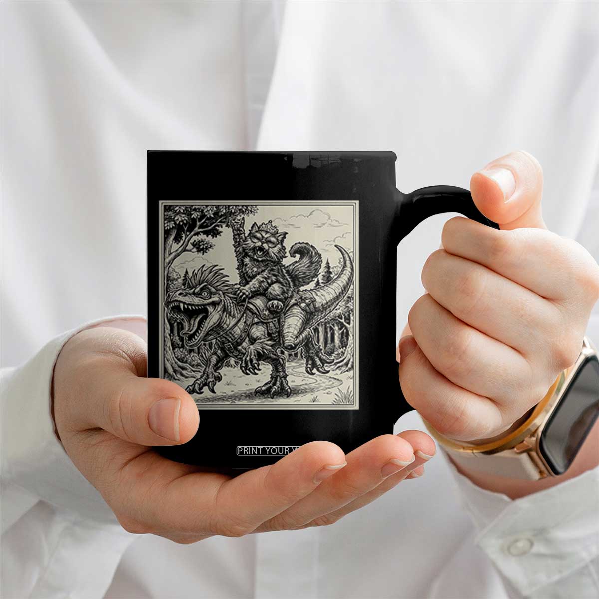 Cool Royal Cat Riding Dinosaur Coffee Mug Rock N Roll Engraving Graphic Art TS12 Print Your Wear