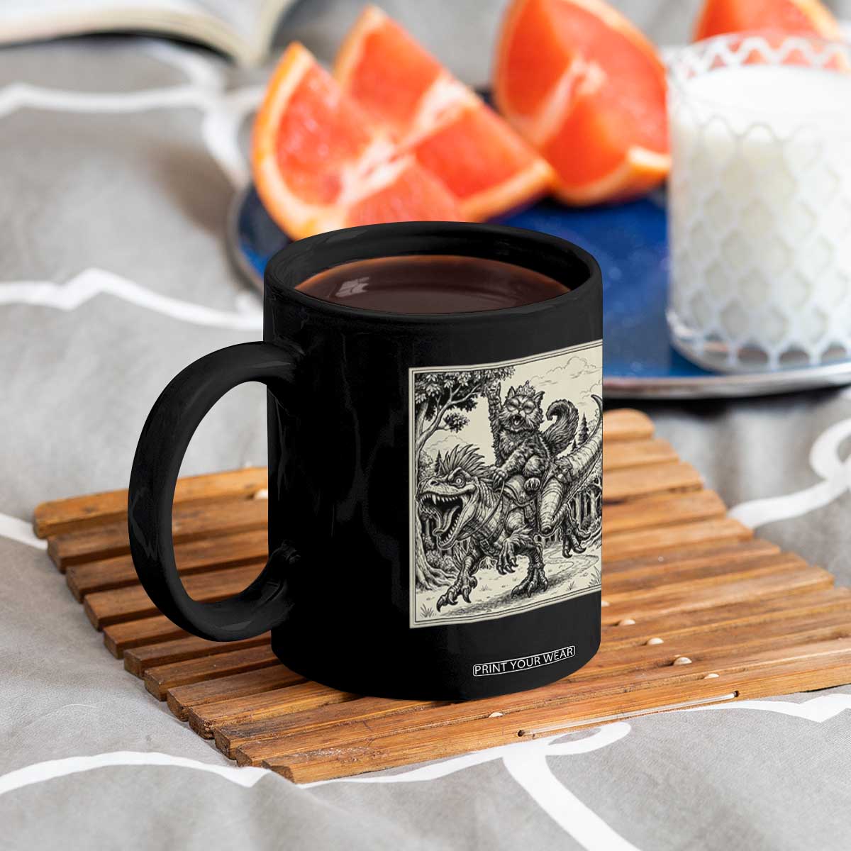Cool Royal Cat Riding Dinosaur Coffee Mug Rock N Roll Engraving Graphic Art TS12 Print Your Wear