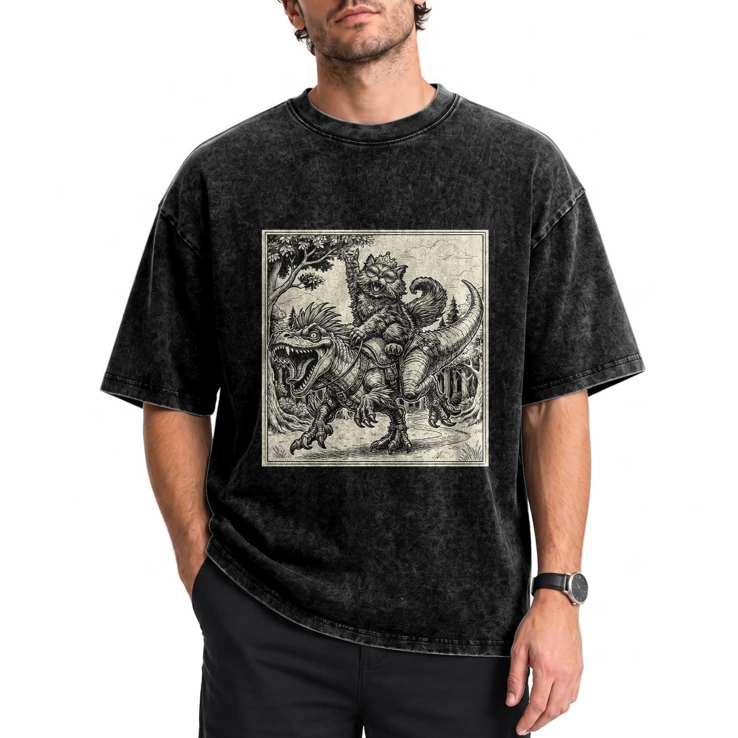 Cool Royal Cat Riding Dinosaur Washed Cotton T-Shirt Rock N Roll Engraving Graphic Art