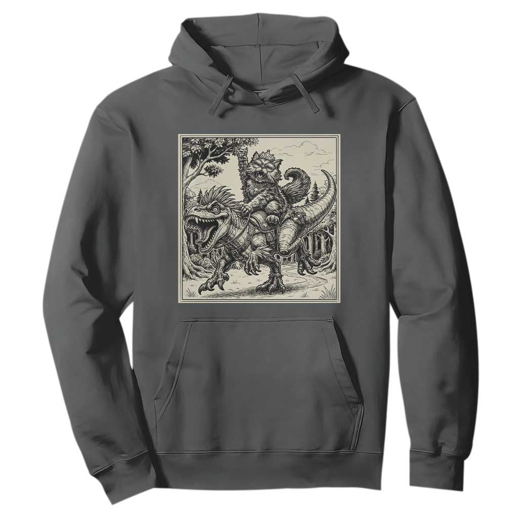 Cool Royal Cat Riding Dinosaur Hoodie Rock N Roll Engraving Graphic Art TS12 Dark Heather Print Your Wear