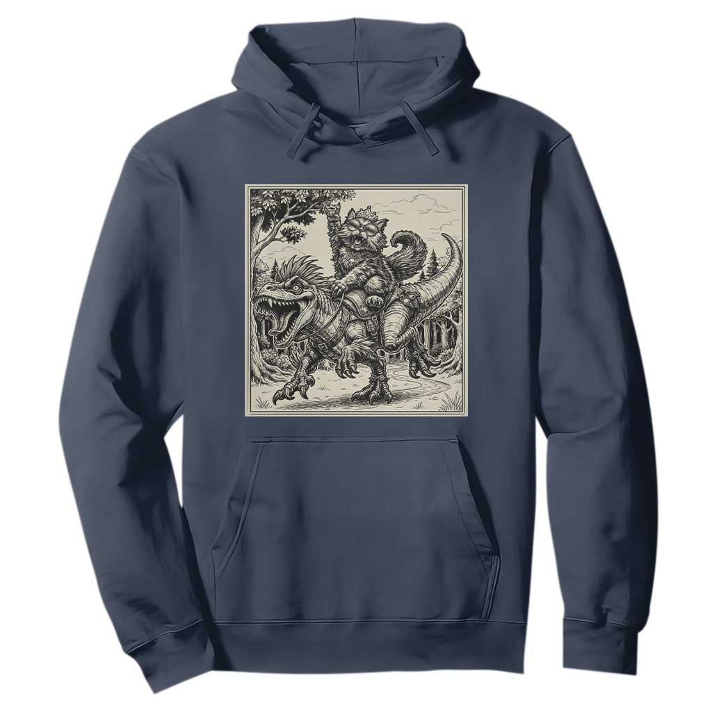 Cool Royal Cat Riding Dinosaur Hoodie Rock N Roll Engraving Graphic Art TS12 Navy Print Your Wear