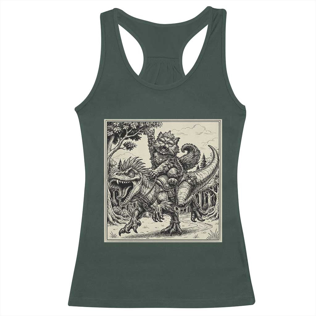 Cool Royal Cat Riding Dinosaur Racerback Tank Top Rock N Roll Engraving Graphic Art TS12 Dark Forest Green Print Your Wear