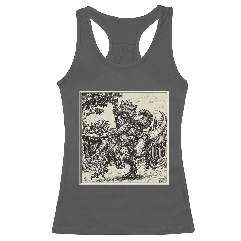 Cool Royal Cat Riding Dinosaur Racerback Tank Top Rock N Roll Engraving Graphic Art TS12 Dark Heather Print Your Wear