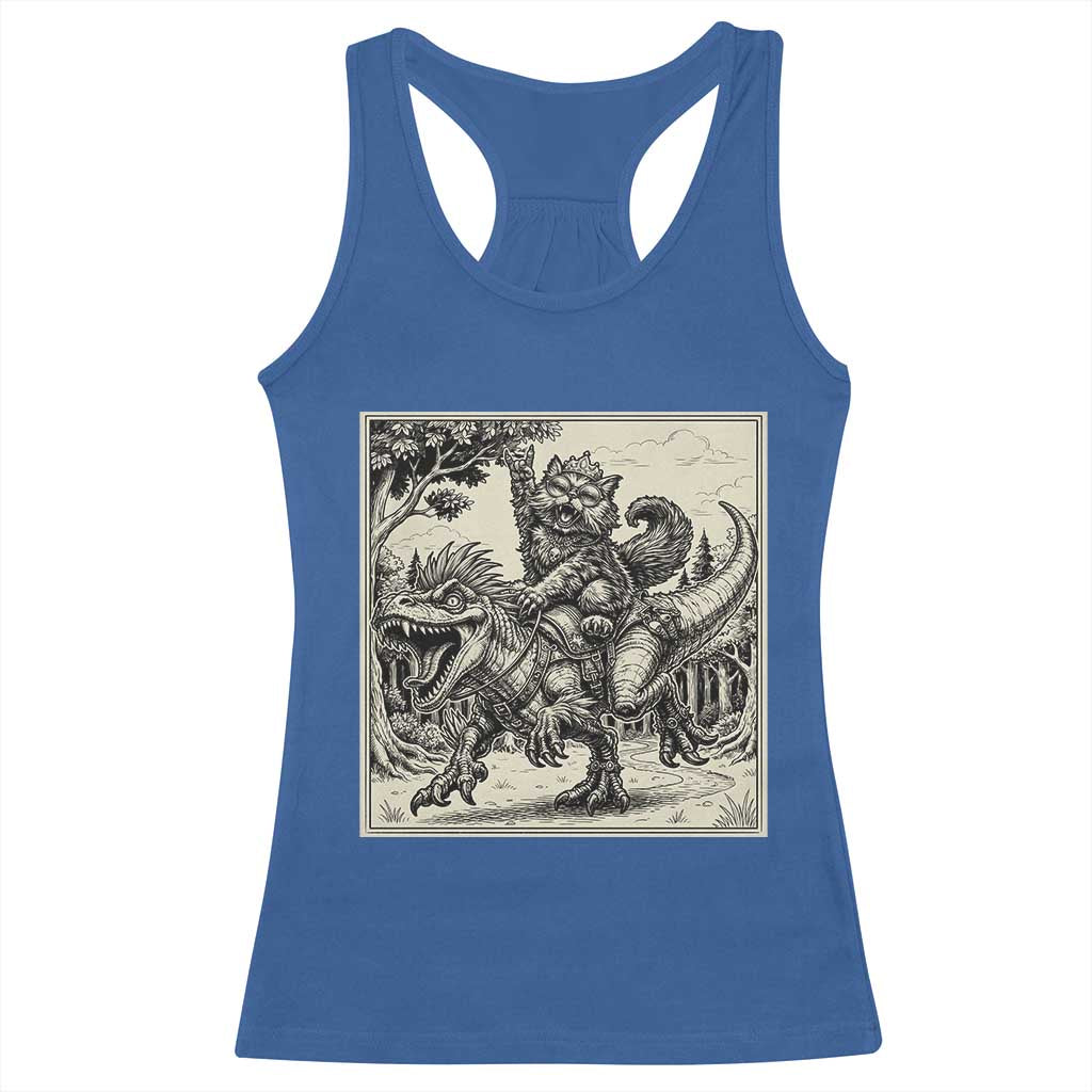 Cool Royal Cat Riding Dinosaur Racerback Tank Top Rock N Roll Engraving Graphic Art TS12 Royal Blue Print Your Wear
