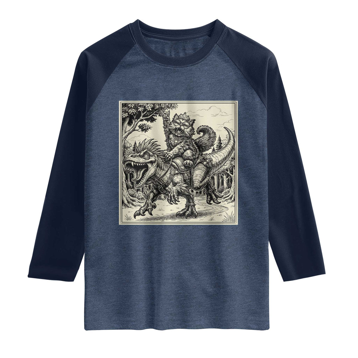 Cool Royal Cat Riding Dinosaur Raglan Shirt Rock N Roll Engraving Graphic Art TS12 Heather Denim Navy Print Your Wear