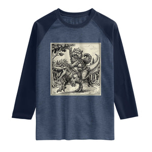 Cool Royal Cat Riding Dinosaur Raglan Shirt Rock N Roll Engraving Graphic Art TS12 Heather Denim Navy Print Your Wear