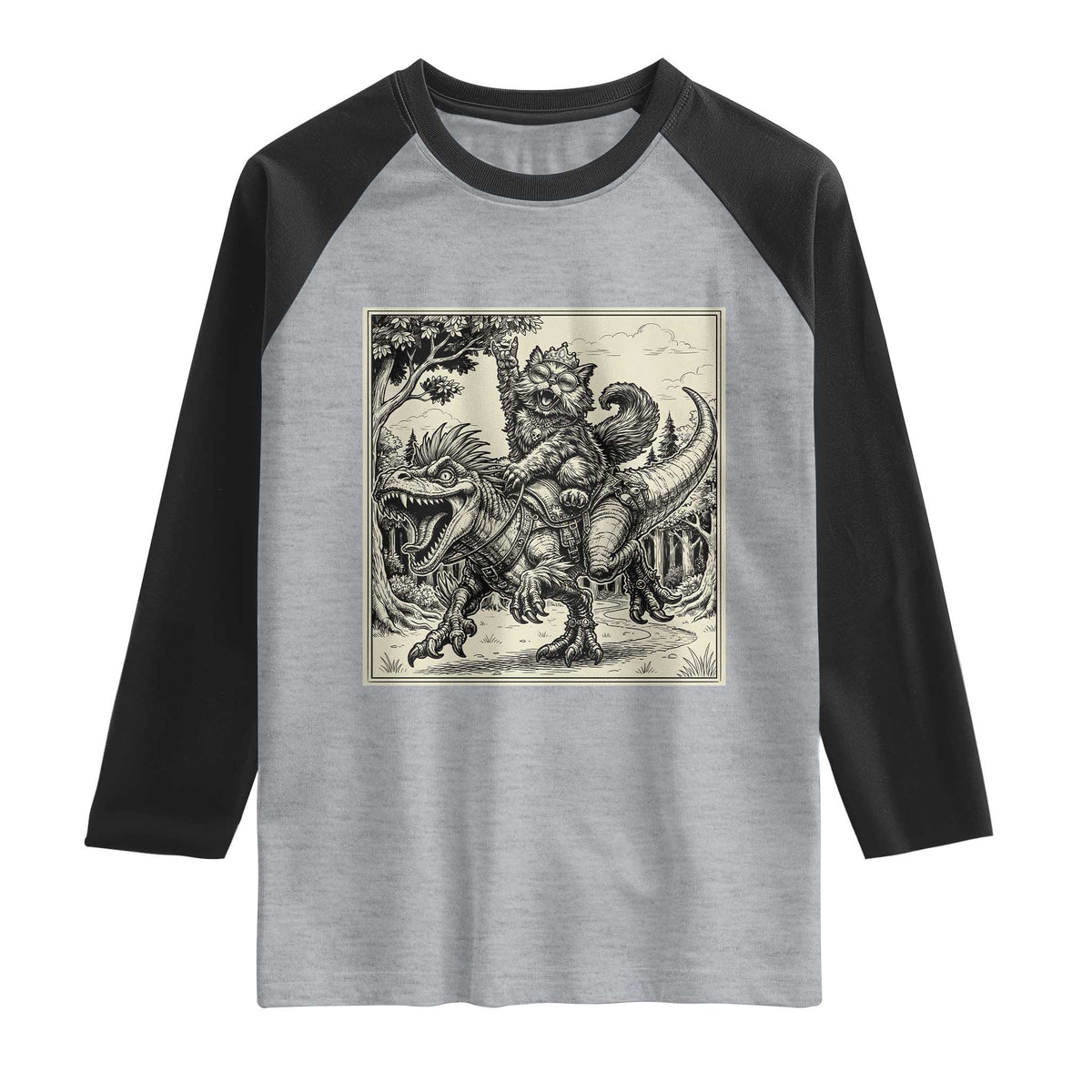 Cool Royal Cat Riding Dinosaur Raglan Shirt Rock N Roll Engraving Graphic Art TS12 Heather Gray Black Print Your Wear