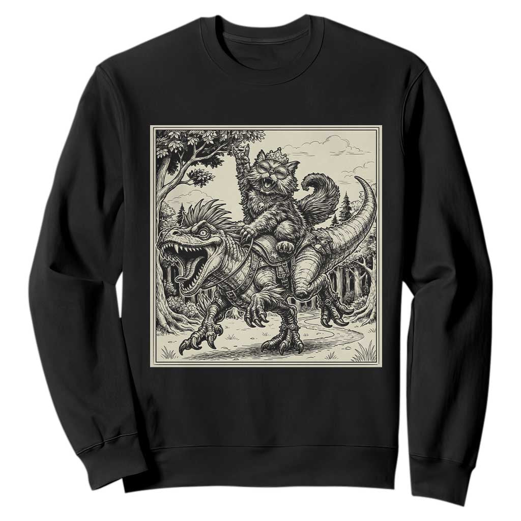 Cool Royal Cat Riding Dinosaur Sweatshirt Rock N Roll Engraving Graphic Art TS12 Black Print Your Wear