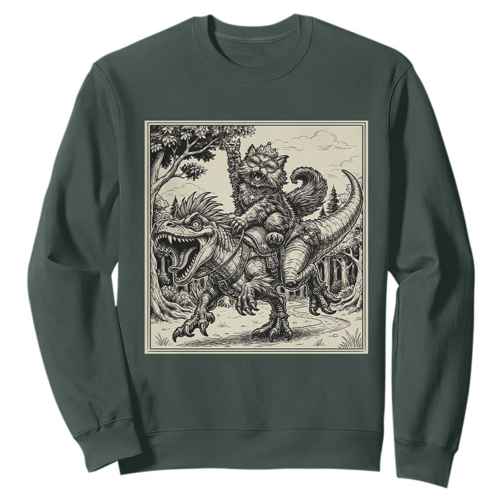 Cool Royal Cat Riding Dinosaur Sweatshirt Rock N Roll Engraving Graphic Art TS12 Dark Forest Green Print Your Wear