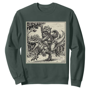 Cool Royal Cat Riding Dinosaur Sweatshirt Rock N Roll Engraving Graphic Art TS12 Dark Forest Green Print Your Wear