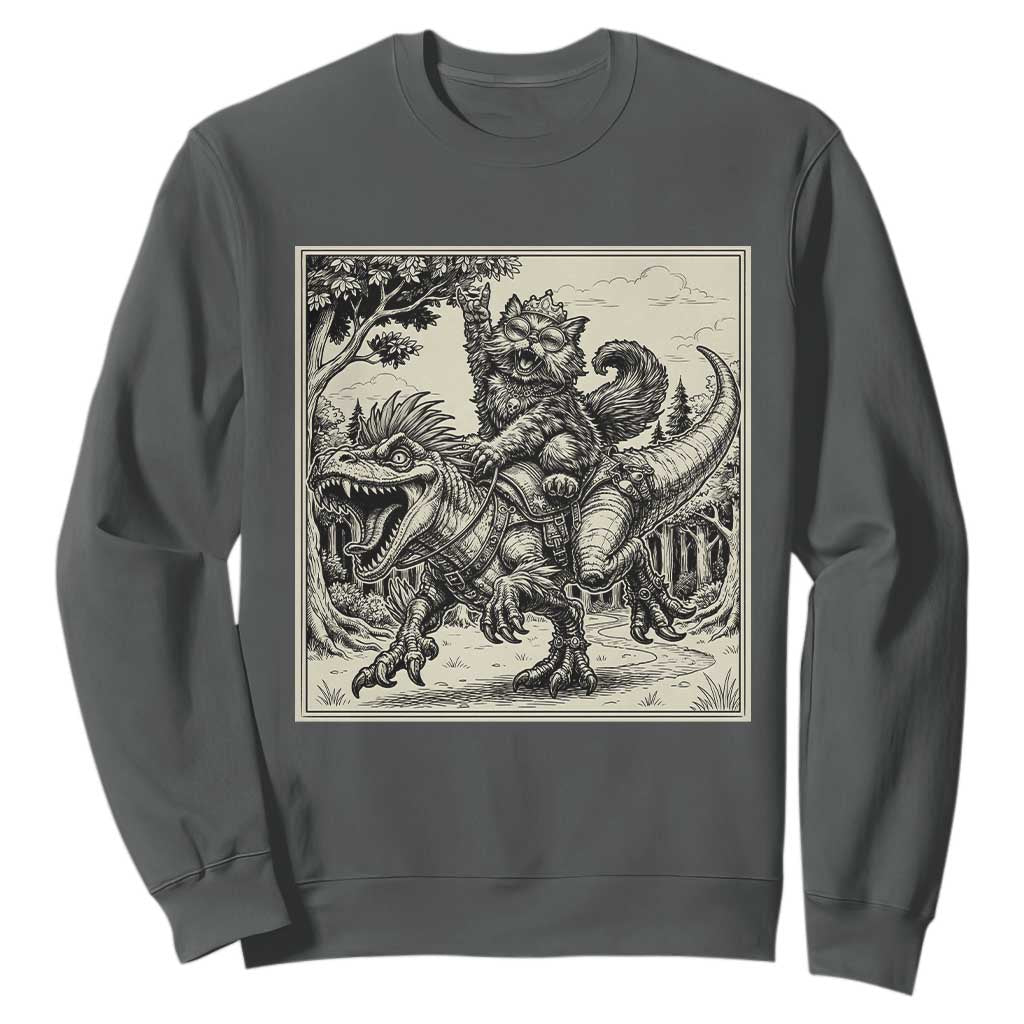 Cool Royal Cat Riding Dinosaur Sweatshirt Rock N Roll Engraving Graphic Art TS12 Dark Heather Print Your Wear