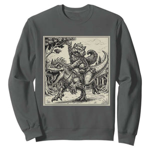 Cool Royal Cat Riding Dinosaur Sweatshirt Rock N Roll Engraving Graphic Art TS12 Dark Heather Print Your Wear