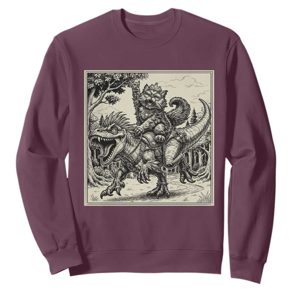 Cool Royal Cat Riding Dinosaur Sweatshirt Rock N Roll Engraving Graphic Art TS12 Maroon Print Your Wear