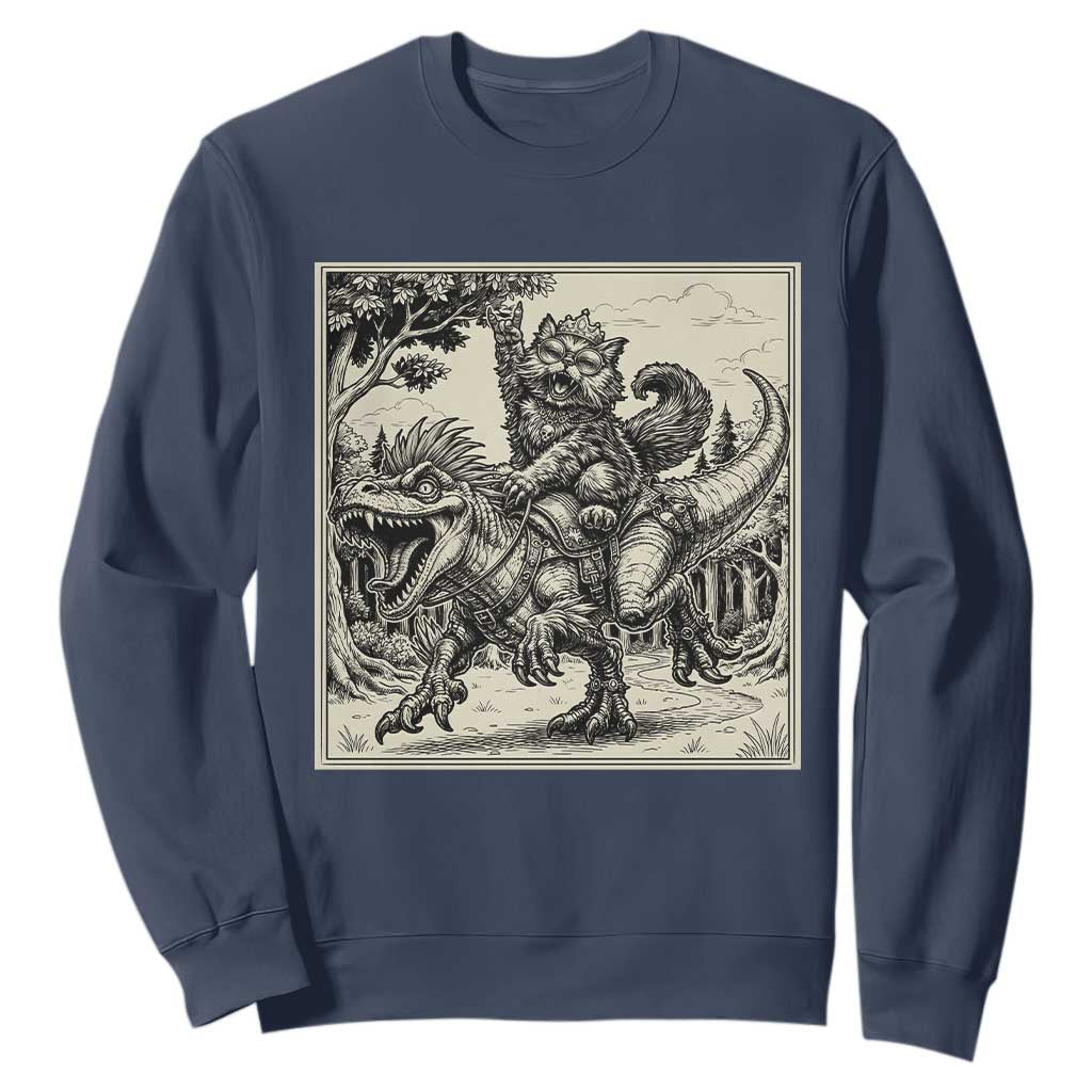 Cool Royal Cat Riding Dinosaur Sweatshirt Rock N Roll Engraving Graphic Art TS12 Navy Print Your Wear