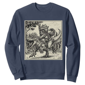 Cool Royal Cat Riding Dinosaur Sweatshirt Rock N Roll Engraving Graphic Art TS12 Navy Print Your Wear