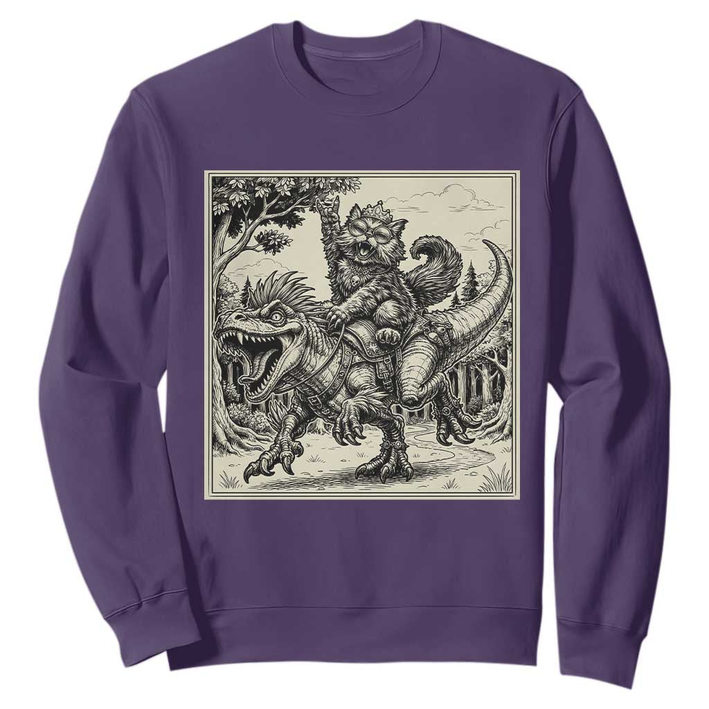Cool Royal Cat Riding Dinosaur Sweatshirt Rock N Roll Engraving Graphic Art TS12 Purple Print Your Wear