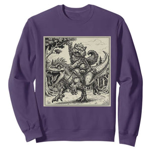 Cool Royal Cat Riding Dinosaur Sweatshirt Rock N Roll Engraving Graphic Art TS12 Purple Print Your Wear