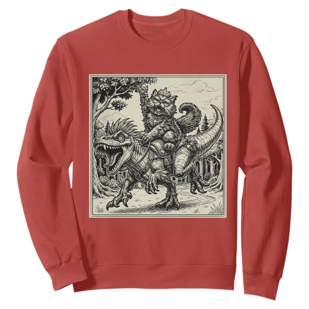 Cool Royal Cat Riding Dinosaur Sweatshirt Rock N Roll Engraving Graphic Art TS12 Red Print Your Wear