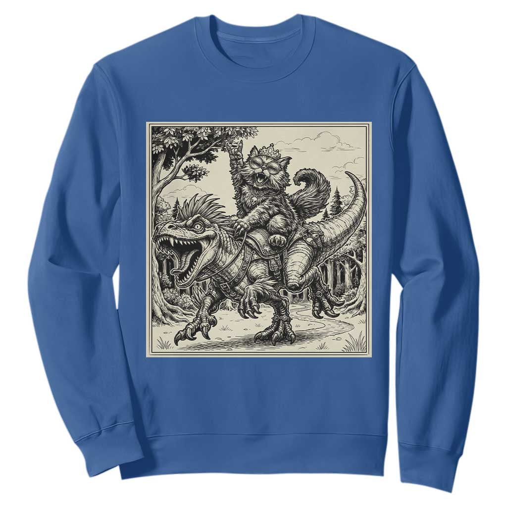 Cool Royal Cat Riding Dinosaur Sweatshirt Rock N Roll Engraving Graphic Art TS12 Royal Blue Print Your Wear