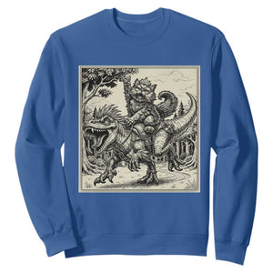 Cool Royal Cat Riding Dinosaur Sweatshirt Rock N Roll Engraving Graphic Art TS12 Royal Blue Print Your Wear