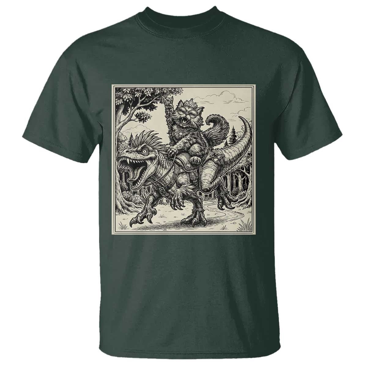 Cool Royal Cat Riding Dinosaur T Shirt Rock N Roll Engraving Graphic Art TS12 Dark Forest Green Print Your Wear