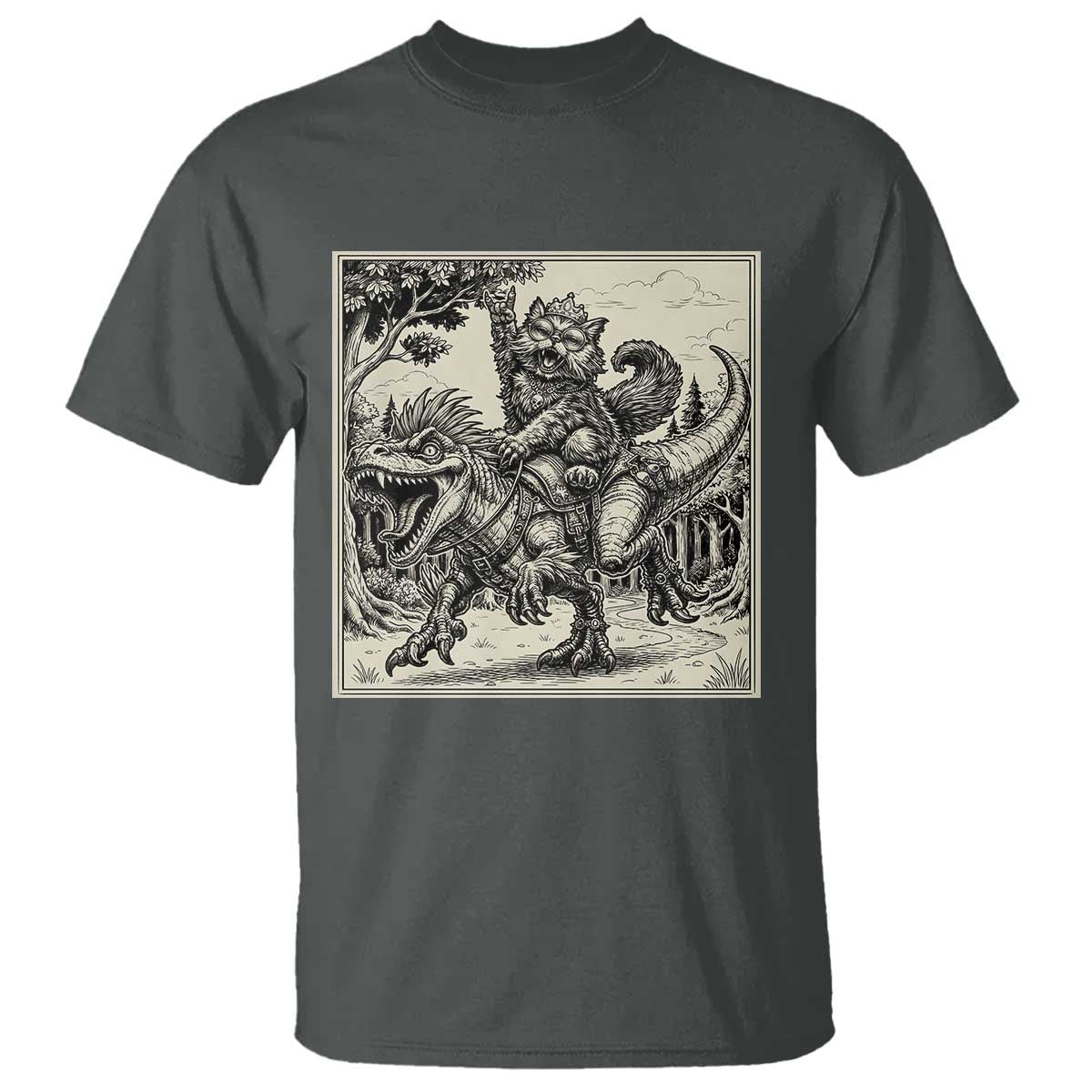 Cool Royal Cat Riding Dinosaur T Shirt Rock N Roll Engraving Graphic Art TS12 Dark Heather Print Your Wear
