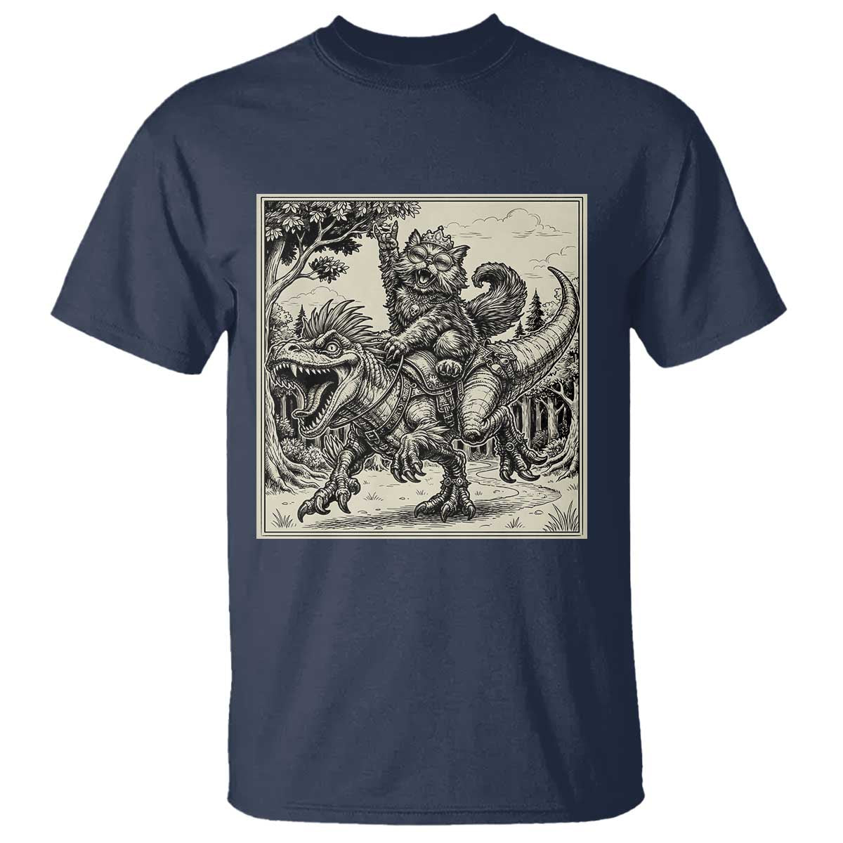 Cool Royal Cat Riding Dinosaur T Shirt Rock N Roll Engraving Graphic Art TS12 Navy Print Your Wear