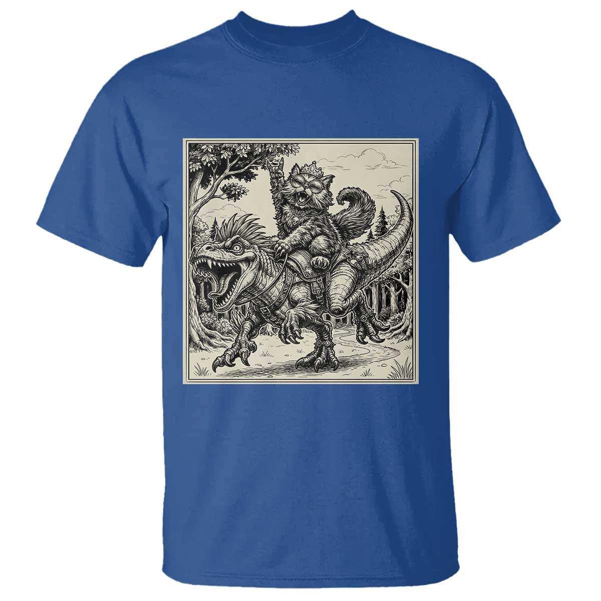 Cool Royal Cat Riding Dinosaur T Shirt Rock N Roll Engraving Graphic Art TS12 Royal Blue Print Your Wear