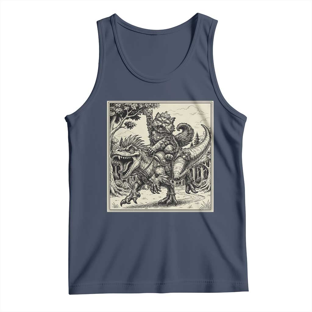 Cool Royal Cat Riding Dinosaur Tank Top Rock N Roll Engraving Graphic Art TS12 Navy Print Your Wear